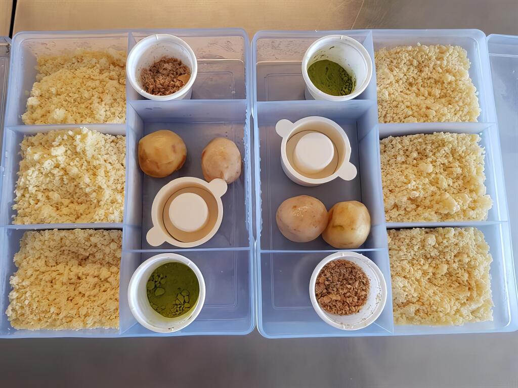 茶糕標準配備「六宮格的材料」，內有綠豆粉、綠茶粉、川貝陳皮、金棗內餡