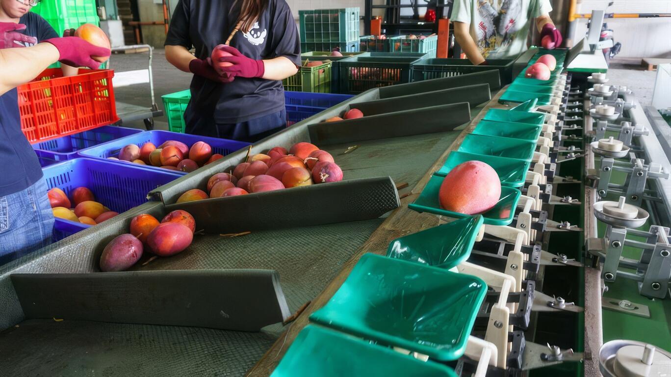 圖說：芒果會自動依重量分級，滾落到不同格內。