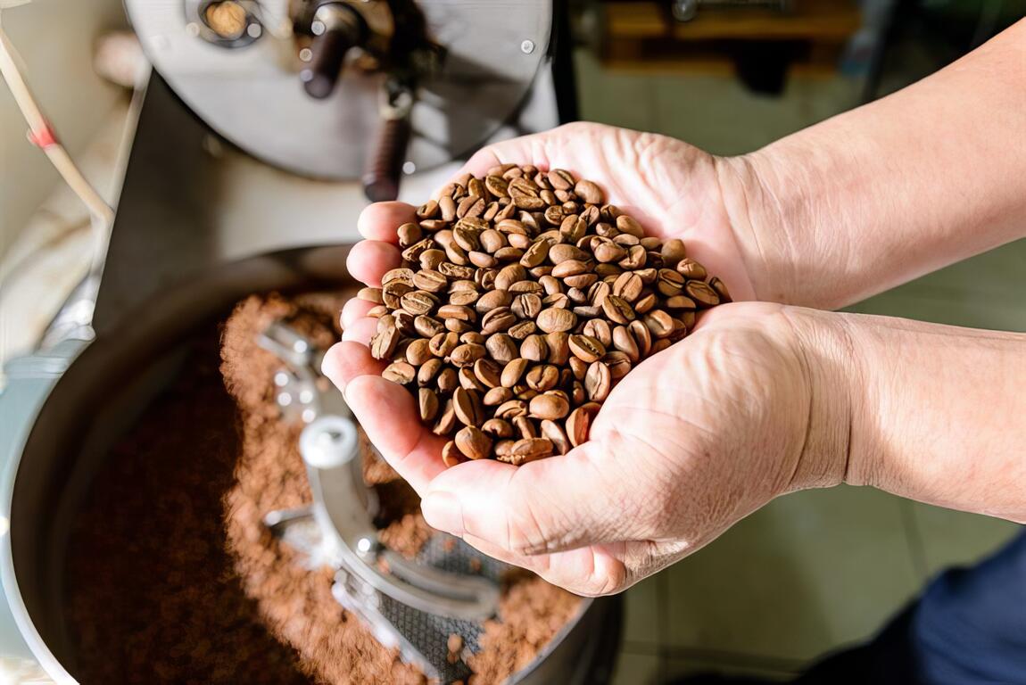 捧起方才起鍋的淺焙豆，笑著說這在當年可是進貢日本天皇的極品啊！