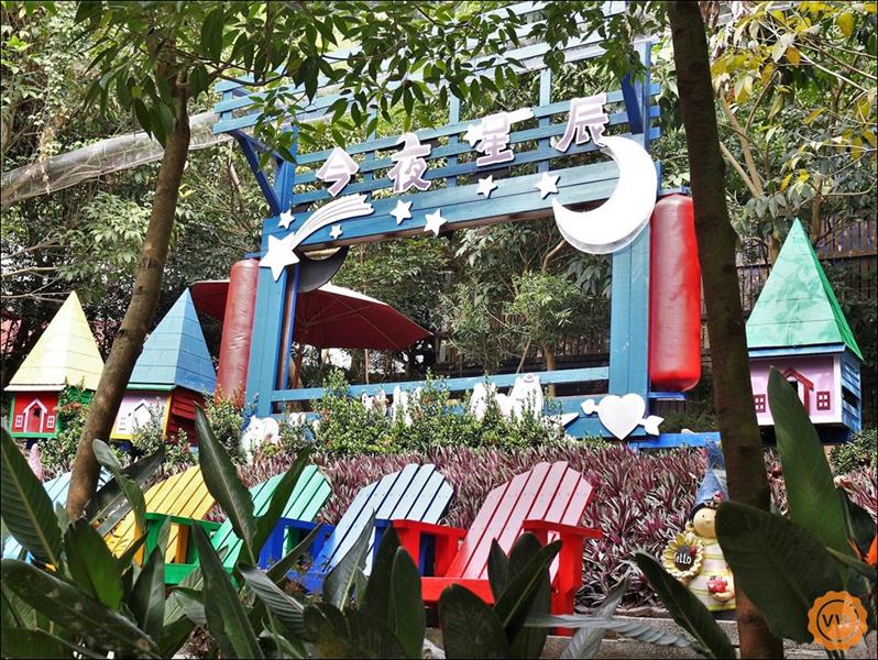 另外園區內還有個拍照小區，有著顏色繽紛的大型木椅，可供客人拍照。上方還有以鐵絲籠做成的天空步道，可是專為松鼠設計的哦！