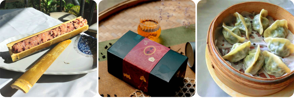 品茶及配特色料理翡翠湯包、竹筒飯、素蒸餃。