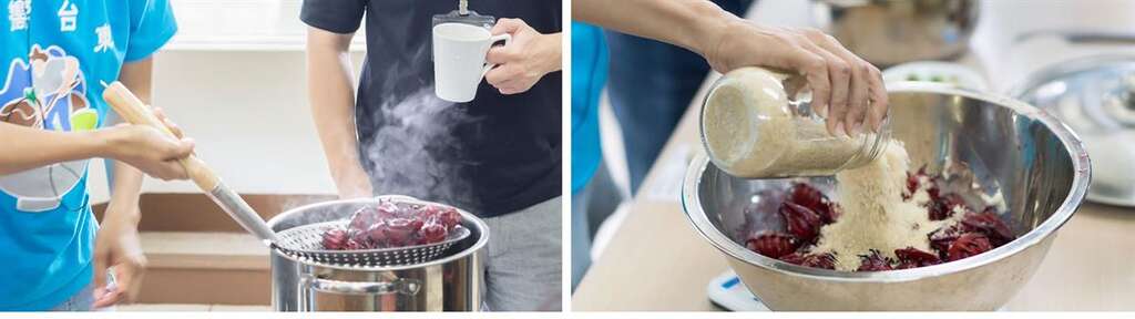 去籽後的果萼，用滾水汆燙約五秒後起鍋，加入大量的砂糖進行攪拌。