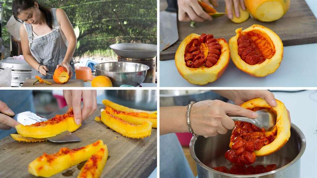 將成熟木虌果剖開，取出紅色籽，將果肉去皮切塊備用，再將紅色籽放入容器中準備將黑色種子與紅色假種皮分離