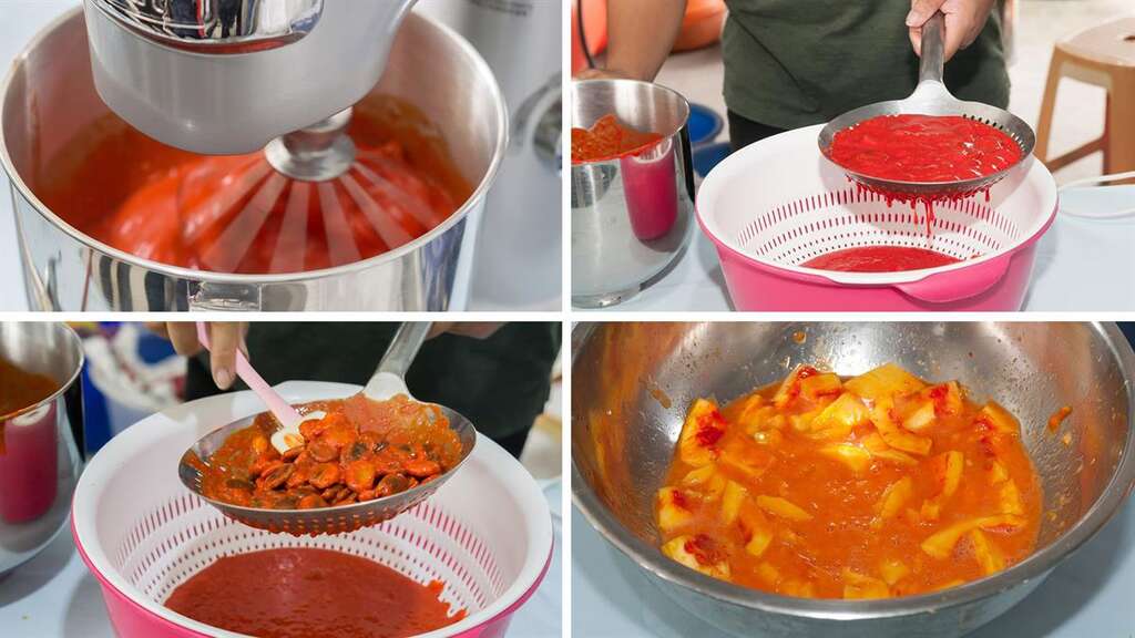 將紅色籽放入容器中，加入少量水，使用手動或電動攪拌器，分次攪拌，使黑色種子與紅色假種皮分離，並使用濾杓把黑色種子過濾並回收