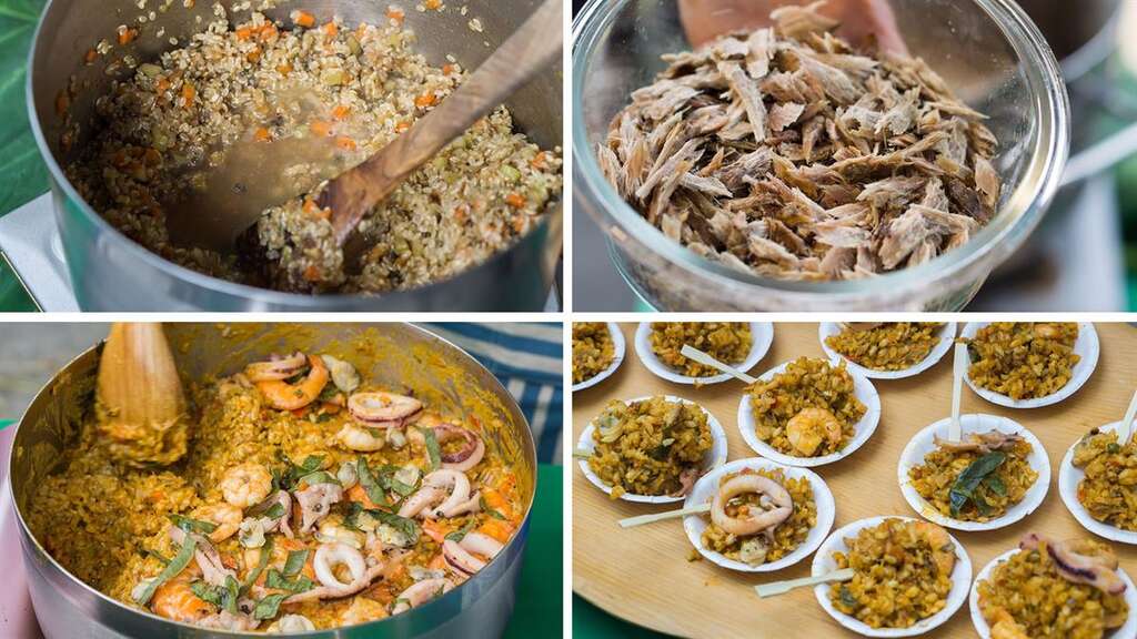 木鱉果刺蔥煙燻柴魚糙米燉飯料理過程