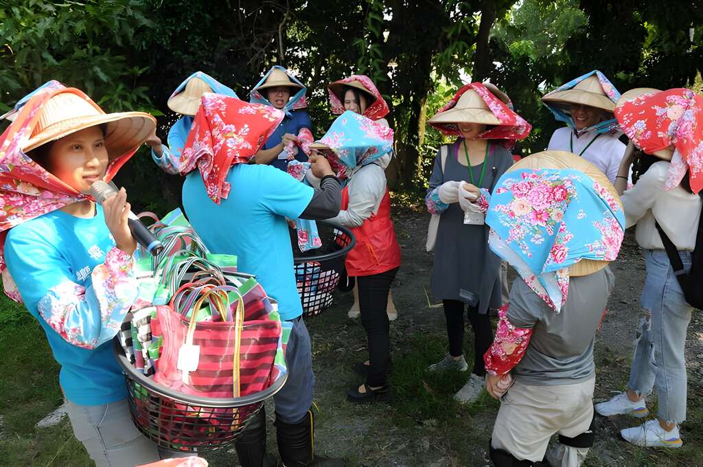 為了防曬與防蚊蟲叮咬，穿上袖套戴上斗笠，再將客家花布從斗笠上鋪下綁在下巴，手拿有臺灣LV之稱的嘎嘰袋，出發前往採洛神葵了！