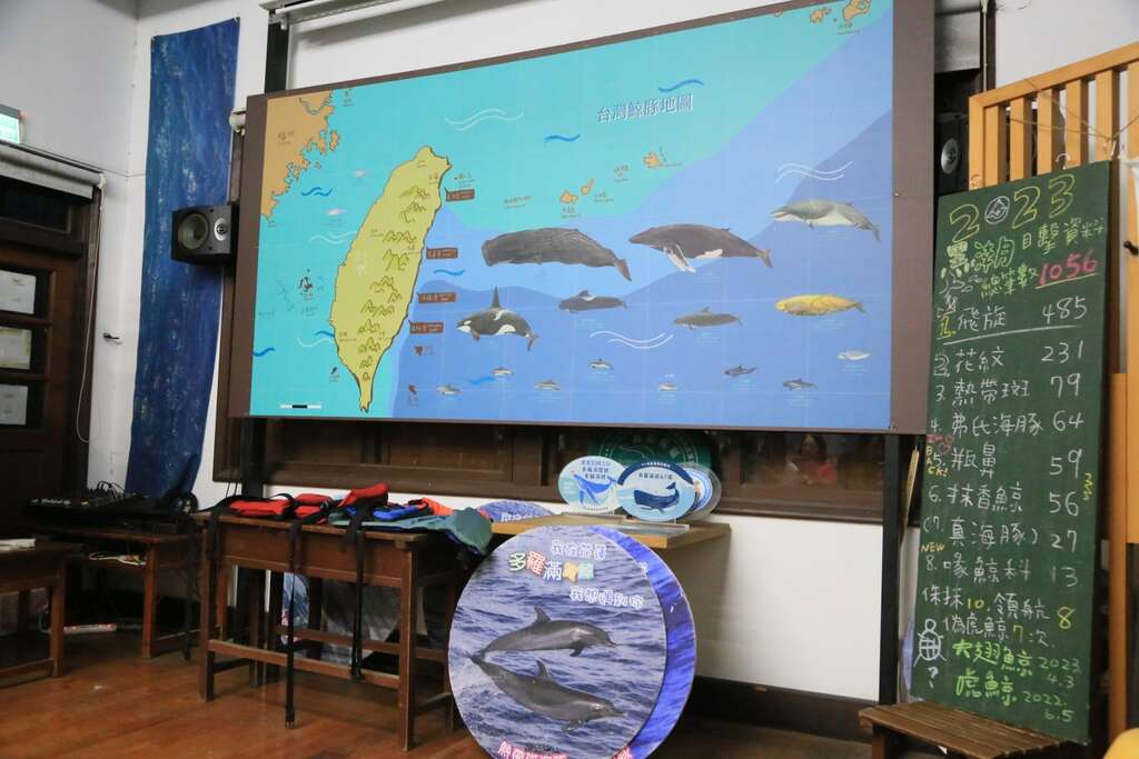 解說教室的場景，正前方有一幅台灣鯨豚地圖，右側的黑板則統計著目擊次數