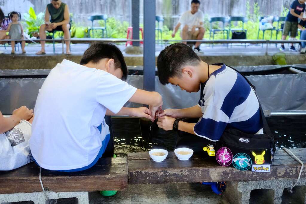 孩子們通力合作，將蝦米掛上魚鉤。