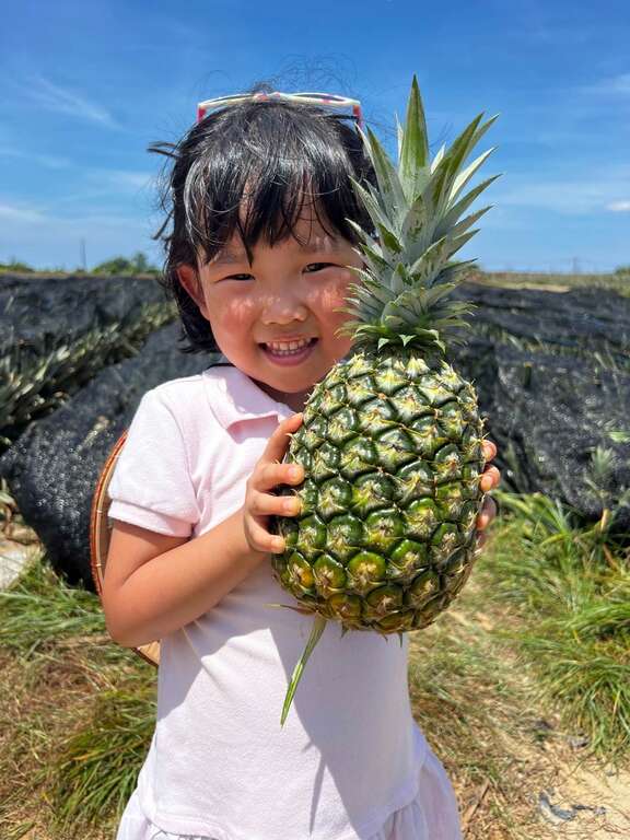 小朋友拿著比臉還大的鳳梨，笑得比陽光還燦爛！_照片取自特色農遊場域認證